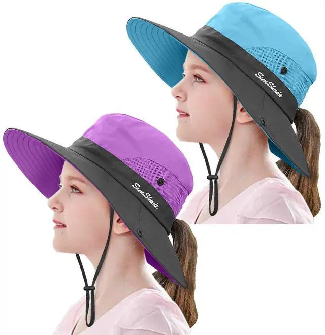 Main image of 2 Pieces 5-14Y Kids Summer Sun Hat Wide Brim UV Protection for Girls Ponytail Beach Bucket Cap (PurpleSky Blue)
