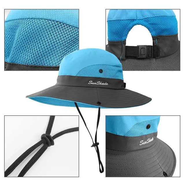 Alt view image 4 of 7 - 2 Pieces 5-14Y Kids Summer Sun Hat Wide Brim UV Protection for Girls Ponytail Beach Bucket Cap (PurpleSky Blue)