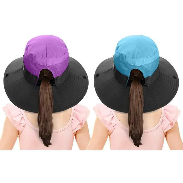 Alt view image 2 of 7 - 2 Pieces 5-14Y Kids Summer Sun Hat Wide Brim UV Protection for Girls Ponytail Beach Bucket Cap (PurpleSky Blue)