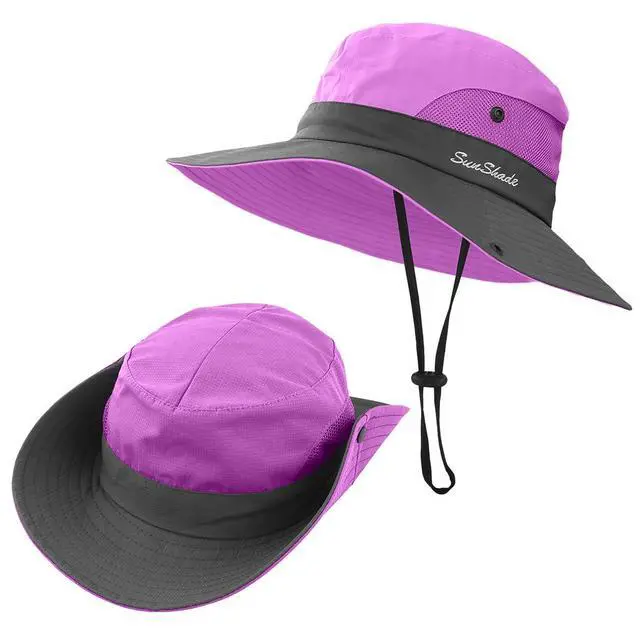 Alt view image 3 of 7 - 2 Pieces 5-14Y Kids Summer Sun Hat Wide Brim UV Protection for Girls Ponytail Beach Bucket Cap (PurpleSky Blue)