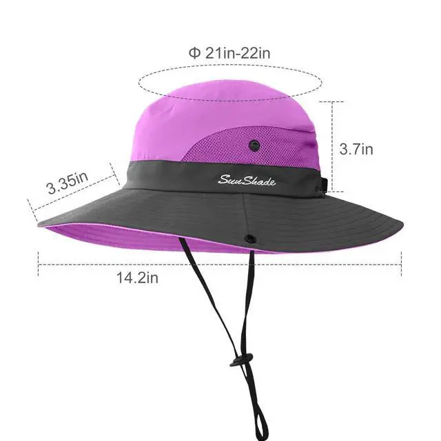 Alt view image 5 of 7 - 2 Pieces 5-14Y Kids Summer Sun Hat Wide Brim UV Protection for Girls Ponytail Beach Bucket Cap (PurpleSky Blue)