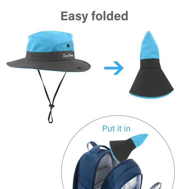 Alt view image 6 of 7 - 2 Pieces 5-14Y Kids Summer Sun Hat Wide Brim UV Protection for Girls Ponytail Beach Bucket Cap (PurpleSky Blue)