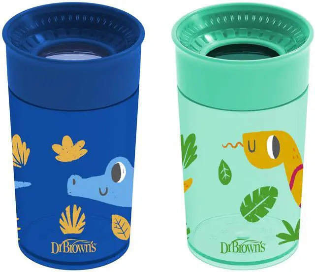 Main image of Dr. Brown's Milestones Cheers 360 Spoutless Transition Cup, Travel Friendly and Leak-Free Sippy, Blue/Green Animals, 10 oz/300 mL, BPA-Free, 9m+, 2-Pack