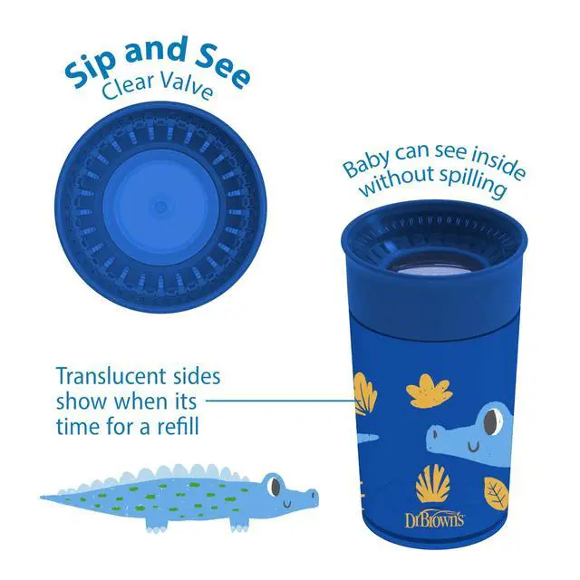 Alt view image 4 of 7 - Dr. Brown's Milestones Cheers 360 Spoutless Transition Cup, Travel Friendly and Leak-Free Sippy, Blue/Green Animals, 10 oz/300 mL, BPA-Free, 9m+, 2-Pack