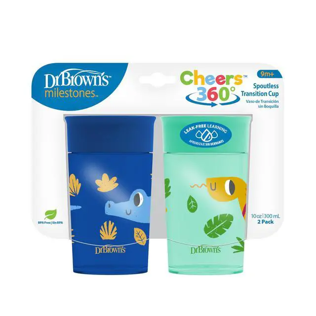 Alt view image 2 of 7 - Dr. Brown's Milestones Cheers 360 Spoutless Transition Cup, Travel Friendly and Leak-Free Sippy, Blue/Green Animals, 10 oz/300 mL, BPA-Free, 9m+, 2-Pack
