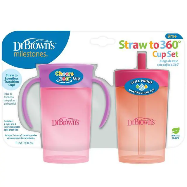 Main image of Dr. Brown's Milestones Straw to 360 Convertible Toddler Training Cup Set with Interchangeable Silicone Straw and 360 Degree Cup Lids, Pink Coral, 10 oz/300 mL, BPA-Free, 9m+, 2-Pack