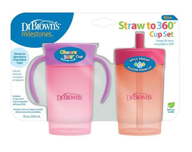 Alt view image 2 of 4 - Dr. Brown's Milestones Straw to 360 Convertible Toddler Training Cup Set with Interchangeable Silicone Straw and 360 Degree Cup Lids, Pink Coral, 10 oz/300 mL, BPA-Free, 9m+, 2-Pack