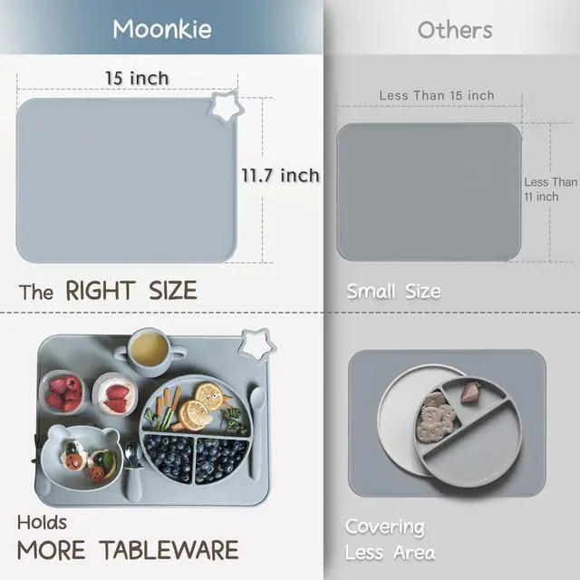 Alt view image 5 of 7 - Moonkie Silicone Placemats for Baby & Kid, Stain-Proof Non-Slip Toddler Food Mats Eating Table Mat with 2 Packs