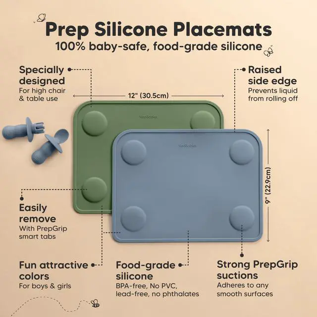 Alt view image 2 of 7 - KeaBabies 2pk Silicone Placemats for Toddlers, Kids - 12x9 Non Slip Suction Baby Silicone Placemat for Restaurants, Dining Table,Travel, Easy to Clean, Food Grade/BPA-Free,Small Baby Table Mat(Slate)