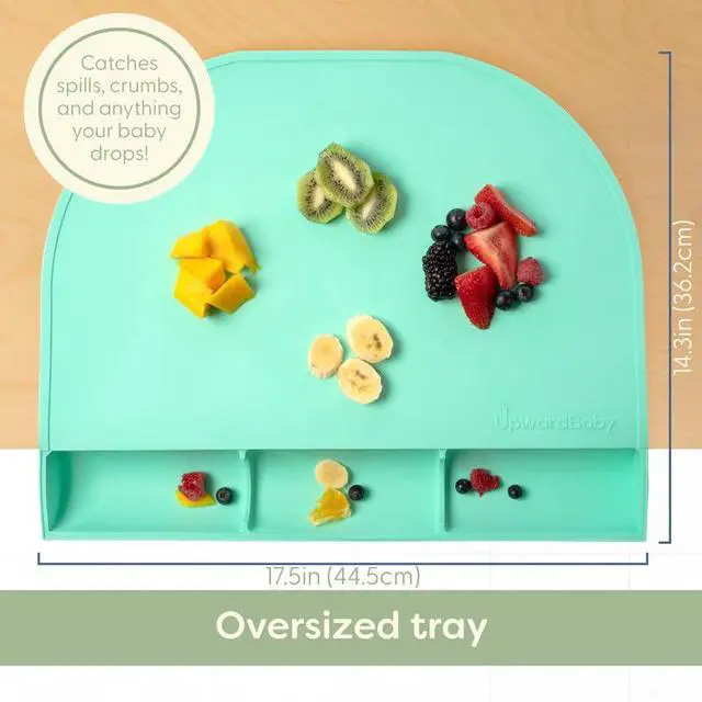 Alt view image 3 of 7 - UpwardBaby Rectangular Silicone Placemat - Suction Food Catcher for High Chair & Kids, Non-Slip Washable Table Mats, Travel Toddler Placemat & Baby-Led Weaning Supplies, Mint
