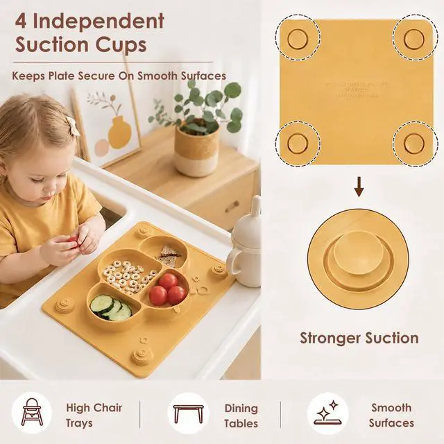 Alt view image 2 of 7 - ROCCED Suction Plates for Baby Placemat Spoon Fork Set for Toddlers, Silicone Baby Plates with Suction Baby Dishes for Kids Plates-mustard