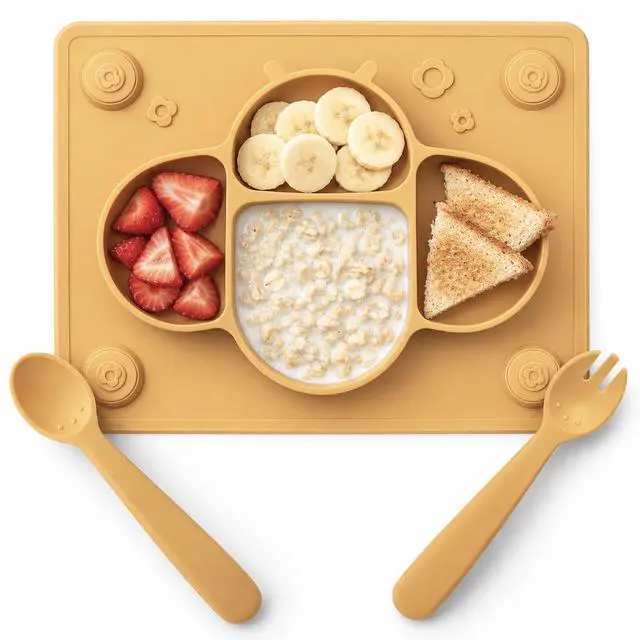 Main image of ROCCED Suction Plates for Baby Placemat Spoon Fork Set for Toddlers, Silicone Baby Plates with Suction Baby Dishes for Kids Plates-mustard