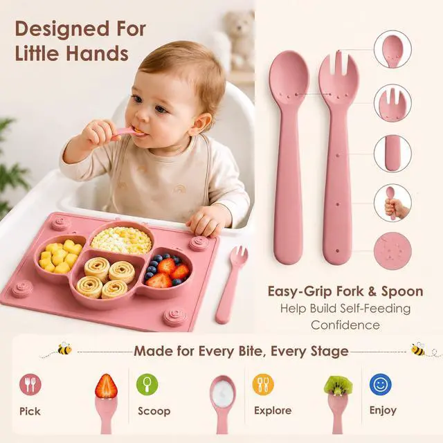 Alt view image 5 of 7 - ROCCED Suction Plates for Baby Placemat Spoon Fork Set for Toddlers, Silicone Baby Plates with Suction Baby Dishes for Kids Plates-mustard
