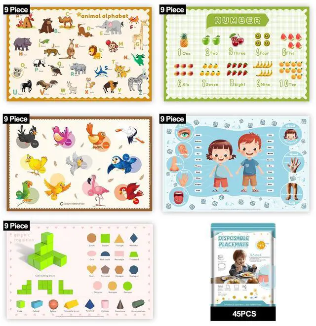Main image of KAshack 45 Pack Sticky Disposable Placemats for Baby & Toddlers,Toddler Placemat 12"x18" Kids Table Mat for Party, Picnic Table, Restaurants Dining Table Travel Essentials for Toddlers with 5 Designs