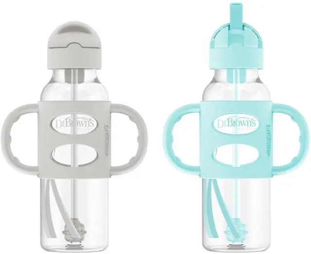 Main image of Dr. Brown's Milestones Narrow Sippy Straw Bottle, Spill-Proof with 100% Silicone Handles and Weighted Straw, 8 oz/250 mL, Gray & Green, 6m+