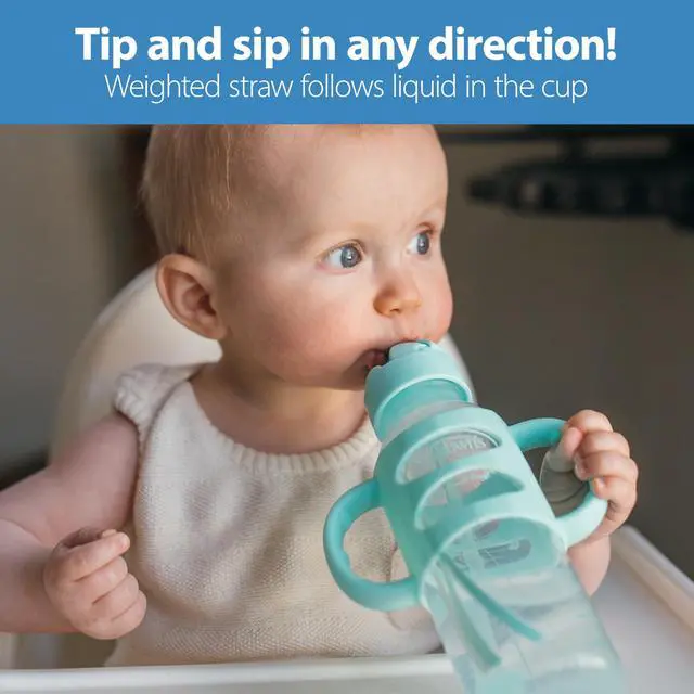 Alt view image 2 of 7 - Dr. Brown's Milestones Narrow Sippy Straw Bottle, Spill-Proof with 100% Silicone Handles and Weighted Straw, 8 oz/250 mL, Gray & Green, 6m+
