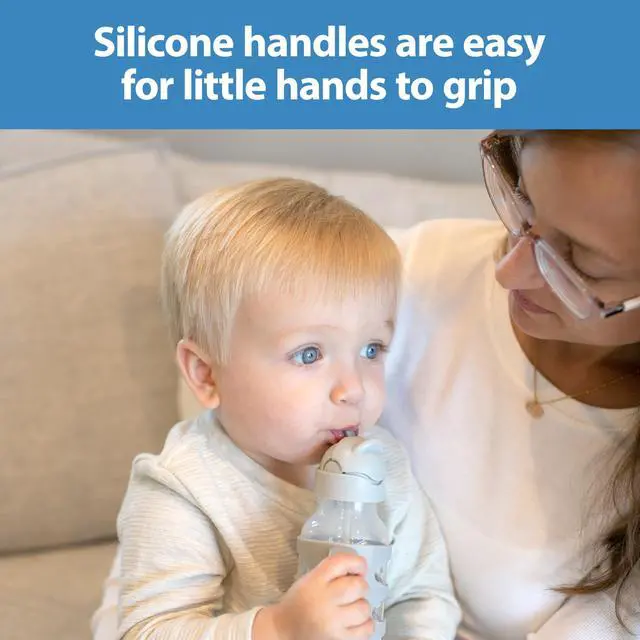 Alt view image 3 of 7 - Dr. Brown's Milestones Narrow Sippy Straw Bottle, Spill-Proof with 100% Silicone Handles and Weighted Straw, 8 oz/250 mL, Gray & Green, 6m+
