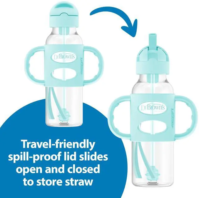 Alt view image 4 of 7 - Dr. Brown's Milestones Narrow Sippy Straw Bottle, Spill-Proof with 100% Silicone Handles and Weighted Straw, 8 oz/250 mL, Gray & Green, 6m+