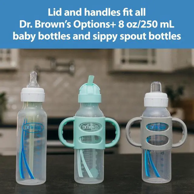 Alt view image 5 of 7 - Dr. Brown's Milestones Narrow Sippy Straw Bottle, Spill-Proof with 100% Silicone Handles and Weighted Straw, 8 oz/250 mL, Gray & Green, 6m+