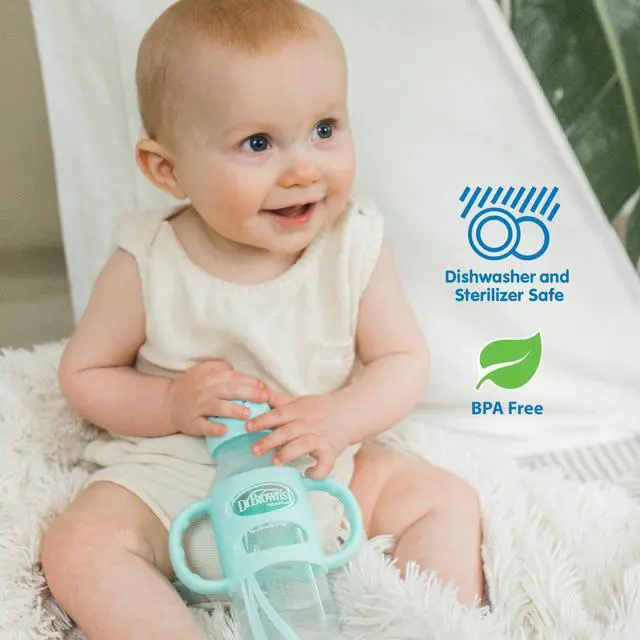 Alt view image 6 of 7 - Dr. Brown's Milestones Narrow Sippy Straw Bottle, Spill-Proof with 100% Silicone Handles and Weighted Straw, 8 oz/250 mL, Gray & Green, 6m+