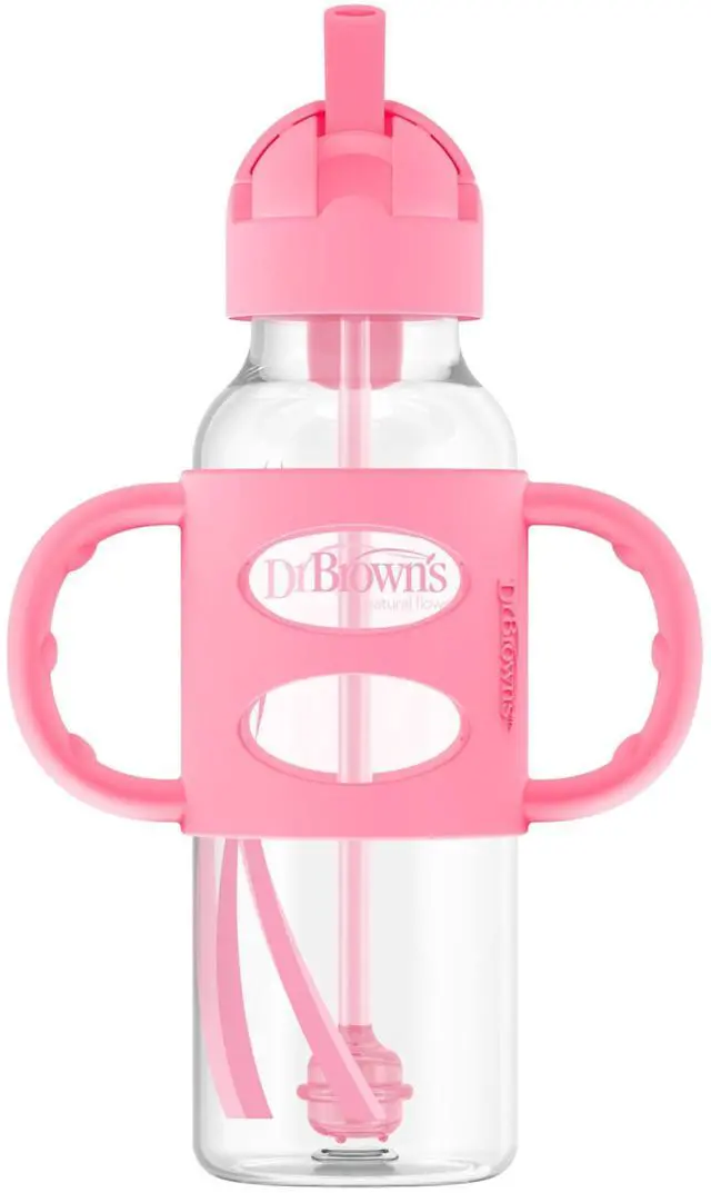 Main image of Dr. Brown's Milestones Narrow Sippy Straw Bottle, Spill-Proof with 100% Silicone Handles and Weighted Straw, 8 oz/250 mL, Pink, 6m+