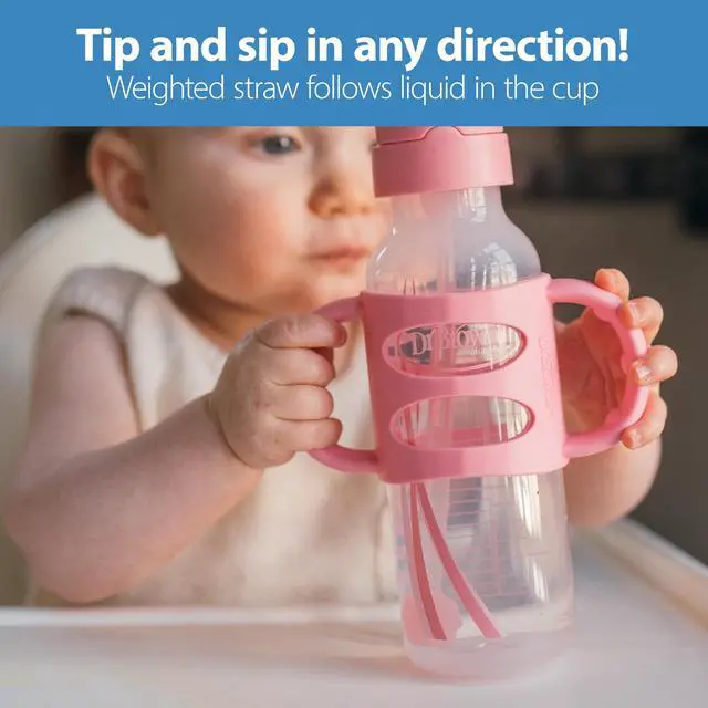 Alt view image 2 of 6 - Dr. Brown's Milestones Narrow Sippy Straw Bottle, Spill-Proof with 100% Silicone Handles and Weighted Straw, 8 oz/250 mL, Pink, 6m+