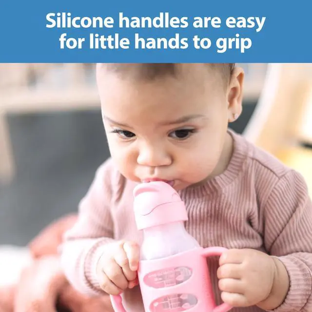 Alt view image 3 of 6 - Dr. Brown's Milestones Narrow Sippy Straw Bottle, Spill-Proof with 100% Silicone Handles and Weighted Straw, 8 oz/250 mL, Pink, 6m+
