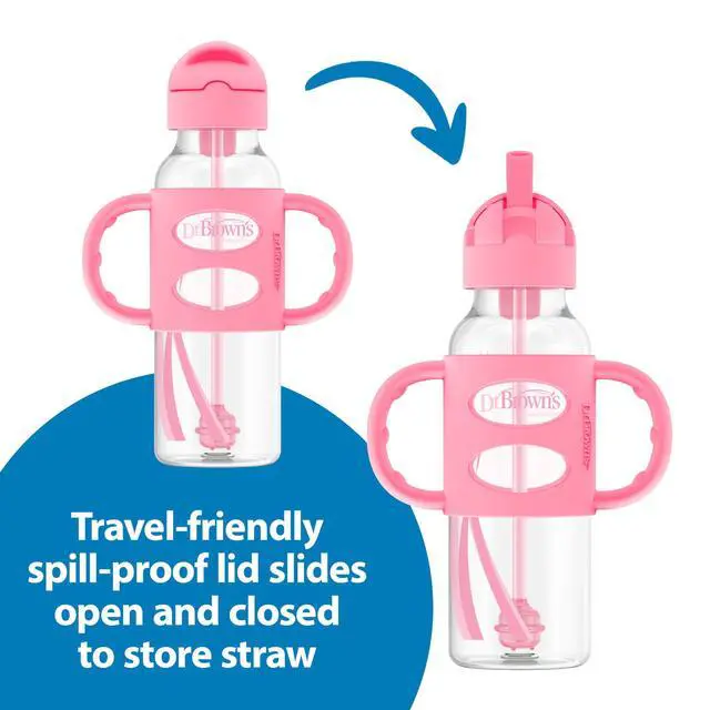 Alt view image 4 of 6 - Dr. Brown's Milestones Narrow Sippy Straw Bottle, Spill-Proof with 100% Silicone Handles and Weighted Straw, 8 oz/250 mL, Pink, 6m+