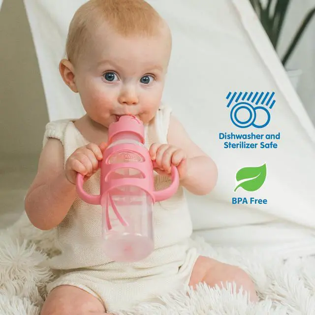 Alt view image 6 of 6 - Dr. Brown's Milestones Narrow Sippy Straw Bottle, Spill-Proof with 100% Silicone Handles and Weighted Straw, 8 oz/250 mL, Pink, 6m+