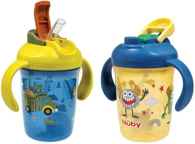 Main image of Nuby 2-in-1 Toddler Cup with 360° Weighted Straw & Hard Spout - (2 Pack) 8 oz - Leak-Resistant & Easy Grip Handles - Dishwasher Safe - Tractors/Monsters