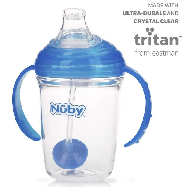 Alt view image 5 of 6 - Nuby 360 Grip N' Sip Trainer Cup with Weighted Straw & Hygienic Cover - 8 oz - Spill-Resistant Baby Cup - 4+ Months - Blue
