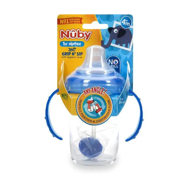 Alt view image 6 of 6 - Nuby 360 Grip N' Sip Trainer Cup with Weighted Straw & Hygienic Cover - 8 oz - Spill-Resistant Baby Cup - 4+ Months - Blue