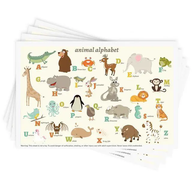 Main image of Babebay Disposable Stick-on Placemats 40 Pack for Baby & Kids & Toddler, Sticky Placemats Restaurant Table Mats 12" x 18" (Animal Alphabet)