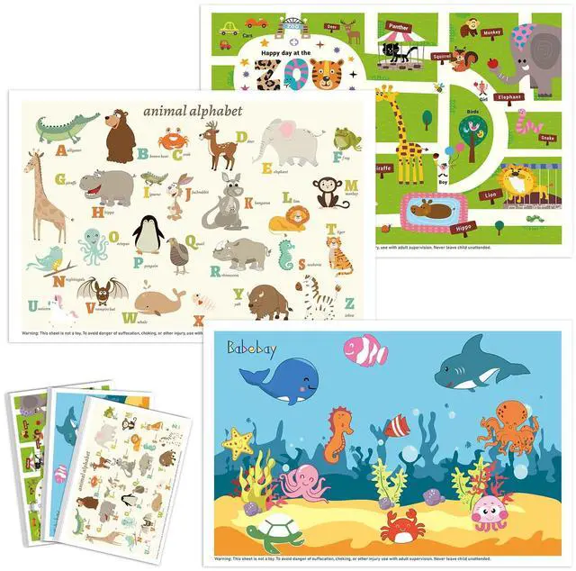 Main image of Babebay Disposable Placemats for Baby, 60 Pack Sticky Toddler Placemat for Restaurants, Dining Table, Party, Travel, 12" x 18" with 3 Designs