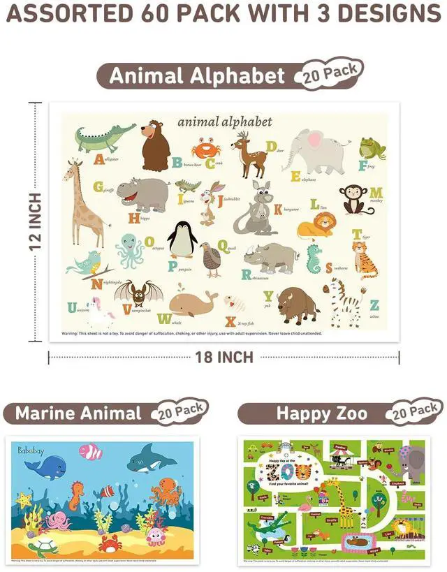 Alt view image 2 of 7 - Babebay Disposable Placemats for Baby, 60 Pack Sticky Toddler Placemat for Restaurants, Dining Table, Party, Travel, 12" x 18" with 3 Designs