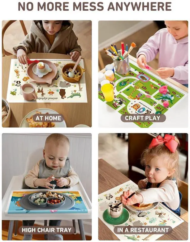 Alt view image 6 of 7 - Babebay Disposable Placemats for Baby, 60 Pack Sticky Toddler Placemat for Restaurants, Dining Table, Party, Travel, 12" x 18" with 3 Designs