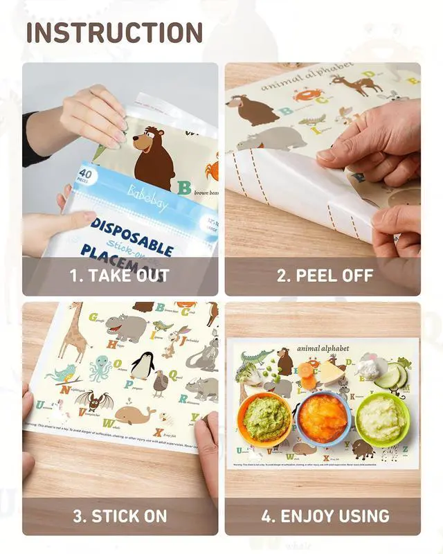 Alt view image 7 of 7 - Babebay Disposable Stick-on Placemats 40 Pack for Baby & Kids & Toddler, Sticky Placemats Restaurant Table Mats 12" x 18" (Animal Alphabet)