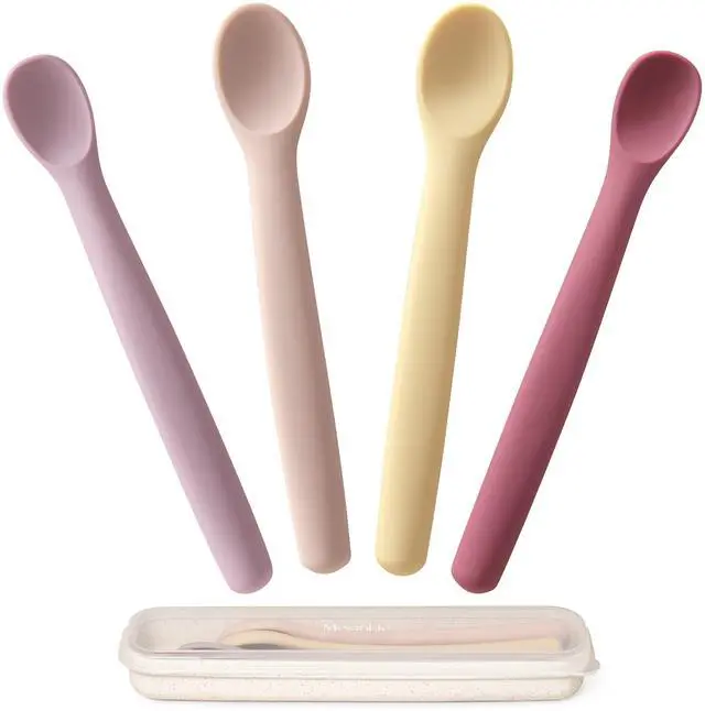 Main image of Moonkie Silicone Baby Spoons Set of 4, Toddler Spoons for Self Feeding 6 Months, Two Sizes Feeding Spoons for First Stage 4+ Months, Infant, Baby Utensils with Case, Bendable, Chewproof & Boil-proof