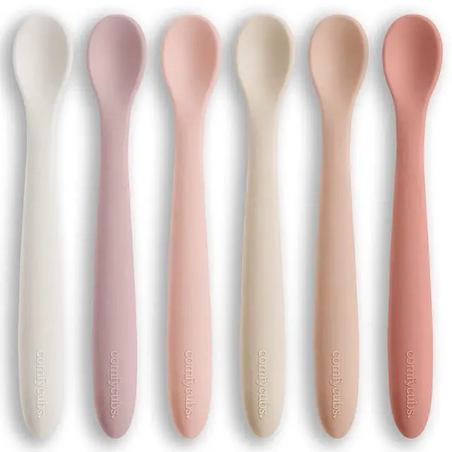 Main image of Comfy Cubs Silicone Baby Spoons Set 6-Pack, Blush 6.46 x 0.95 in BPA Free, Soft Gum-Safe Toddler Eating Essentials Lightweight & Flexible Baby Spoons, Dishwasher Safe, Fun Utensils for Babies