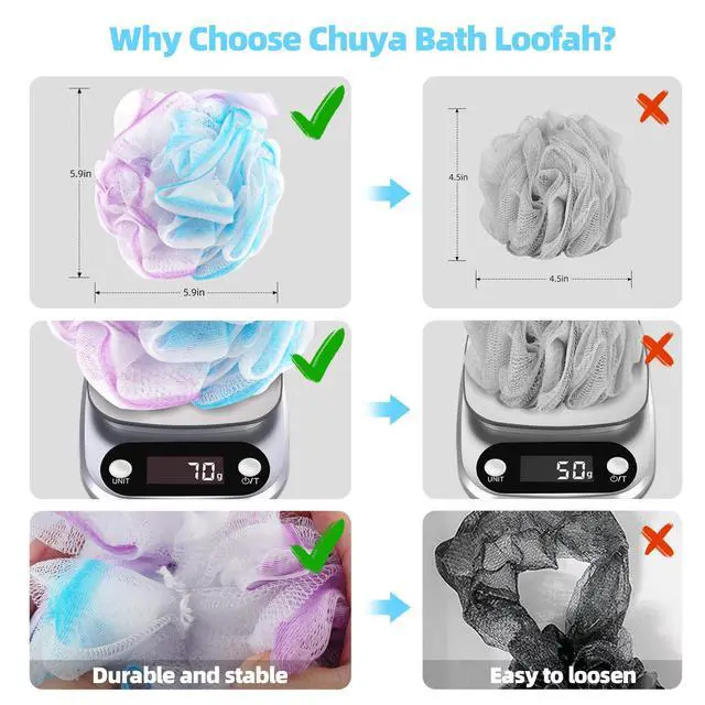 Alt view image 3 of 7 - Chuya Bath Sponges Loofahs 70 Grams Large Size,4 Pack Shower Sponge Exfoliating Cleaning Bath Loofa Body Scrubber Balls for Women Men Children Washing