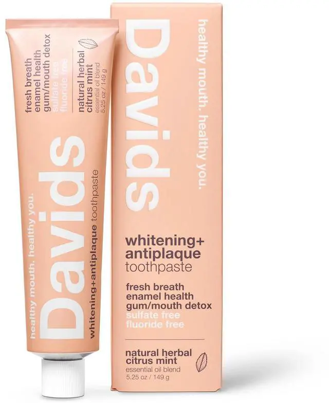 Main image of Davids Fluoride Free Toothpaste, Teeth Whitening, Antiplaque, SLS (Sulfate) Free, Promotes Enamel Health, Mouth & Gum Detox, EWG Verified, Natural Herbal Citrus Mint, 5.25oz