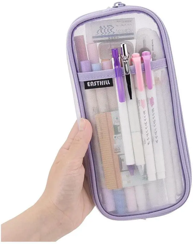 Main image of EASTHILL Grid Mesh Pen Pencil Case with Zipper Clear Makeup Color Pouch Cosmetics Bag Multi-Purpose Travel School Teen Girls Transparent Stationary Bag Office Organizer Box for Adluts(Purple)