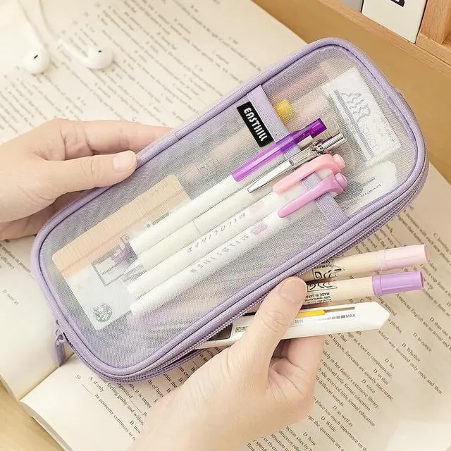 Alt view image 2 of 7 - EASTHILL Grid Mesh Pen Pencil Case with Zipper Clear Makeup Color Pouch Cosmetics Bag Multi-Purpose Travel School Teen Girls Transparent Stationary Bag Office Organizer Box for Adluts(Purple)