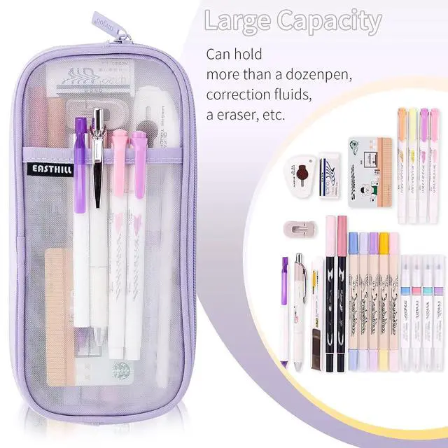 Alt view image 3 of 7 - EASTHILL Grid Mesh Pen Pencil Case with Zipper Clear Makeup Color Pouch Cosmetics Bag Multi-Purpose Travel School Teen Girls Transparent Stationary Bag Office Organizer Box for Adluts(Purple)