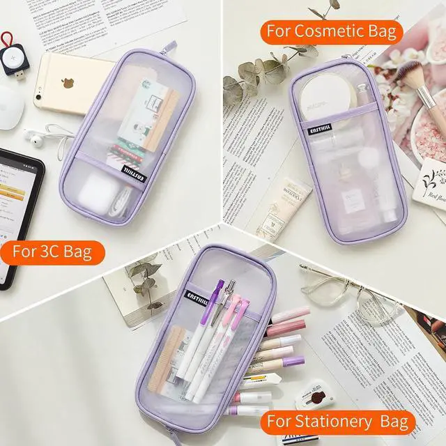 Alt view image 6 of 7 - EASTHILL Grid Mesh Pen Pencil Case with Zipper Clear Makeup Color Pouch Cosmetics Bag Multi-Purpose Travel School Teen Girls Transparent Stationary Bag Office Organizer Box for Adluts(Purple)