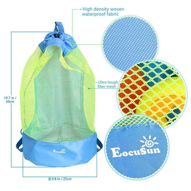 Alt view image 2 of 7 - EocuSun Large Mesh Beach Bag Tote Durable Sand Away Drawstring Backpack Swim and Pool Toys Balls Storage Bags Packs, Stay Away From Sand and Water, Toy Not Included, Blue