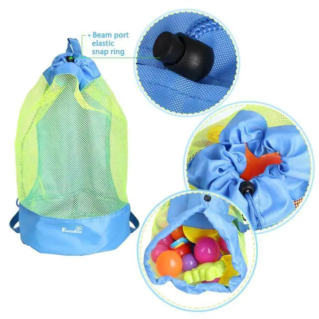 Alt view image 5 of 7 - EocuSun Large Mesh Beach Bag Tote Durable Sand Away Drawstring Backpack Swim and Pool Toys Balls Storage Bags Packs, Stay Away From Sand and Water, Toy Not Included, Blue