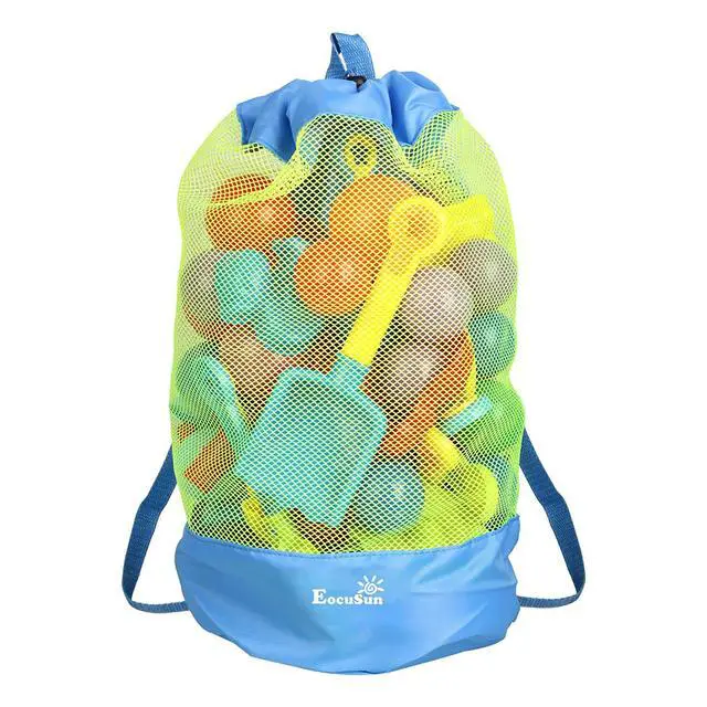 Alt view image 4 of 7 - EocuSun Large Mesh Beach Bag Tote Durable Sand Away Drawstring Backpack Swim and Pool Toys Balls Storage Bags Packs, Stay Away From Sand and Water, Toy Not Included, Blue