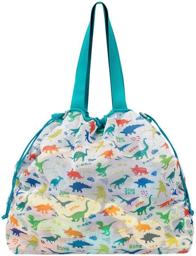 Main image of BrainyBees Extra Large Beach Toy Bag with Drawstring - Lightweight Mesh Tote Bag for Sand Toys, Beach Swinmming Pool Essentials, Dino Green