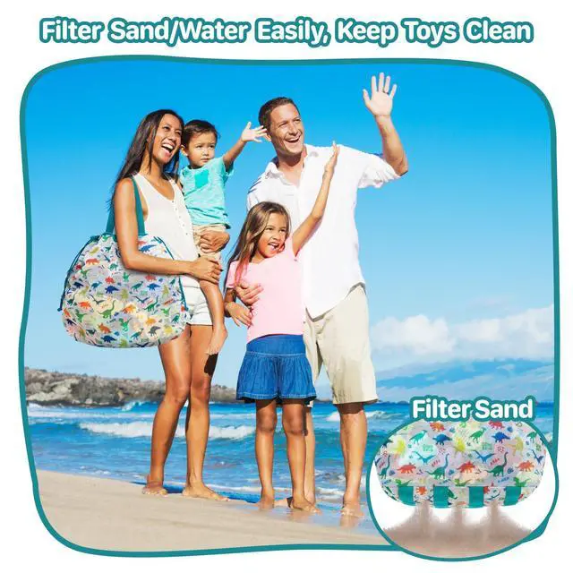 Alt view image 2 of 7 - BrainyBees Extra Large Beach Toy Bag with Drawstring - Lightweight Mesh Tote Bag for Sand Toys, Beach Swinmming Pool Essentials, Dino Green